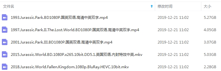 《侏罗纪公园》系列5部(1993-2018)蓝光超清国英中字合集[MKV/MP4/19.69GB]百度云网盘下载