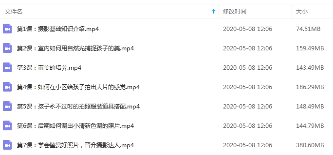 摄影教程-一学就会的拍娃必修课7课视频合集[MP4/1.21GB]百度云网盘下载