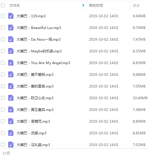 大嘴巴组合歌曲15首[MP3/126.91MB]百度云网盘下载